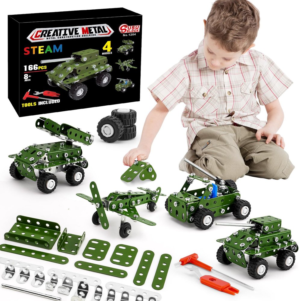 BESTYMXY Model Building Kits, Metal Military Toys Model Kit, 4 in1 Building Sets for Boys Age 8-12, Military Vehicles & Aircraft STEM Building Toys Metal Model