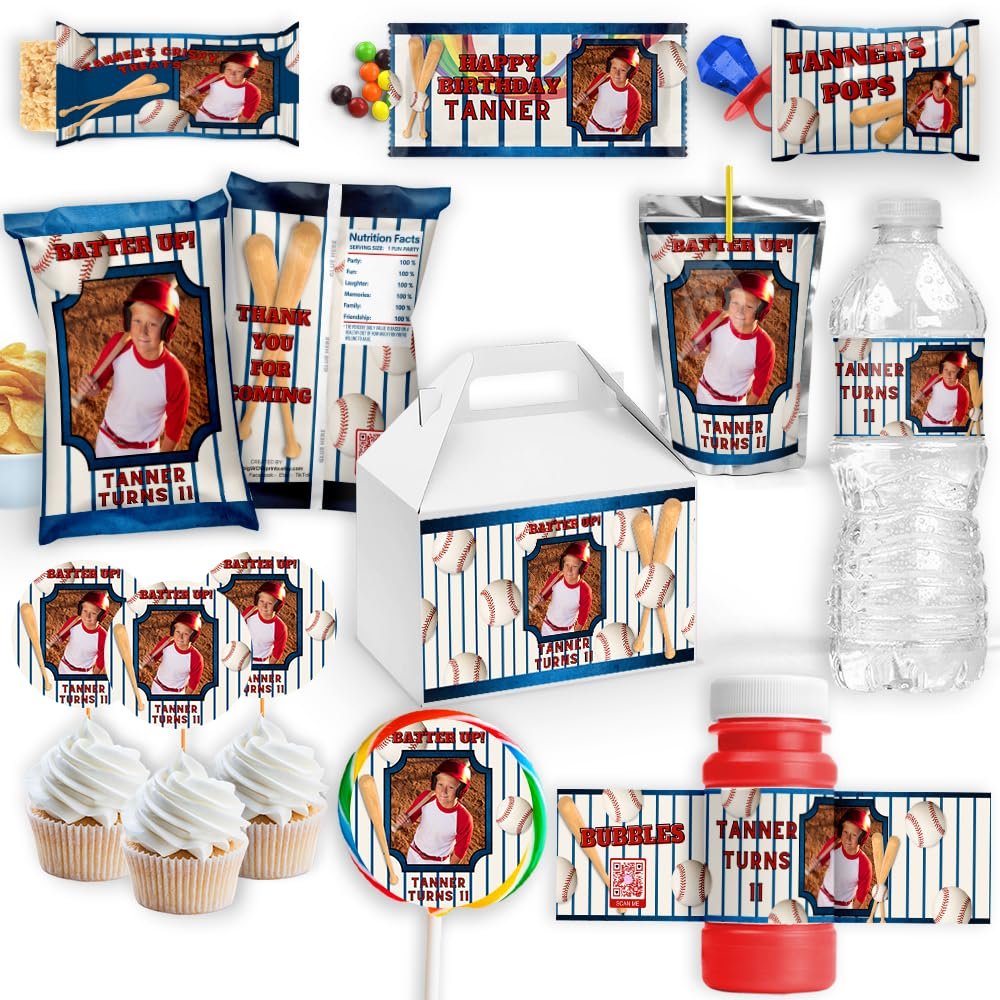 Peronsalized Baseball Party Favors, Baseball Birthday Decorations, Baseball Party Supplies, Rookie Sports Party Gift Treat Bags, Water Bottle Label Sticker Wrappers, Cupcake Toppers, Goodie Bags