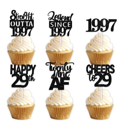 18pcs Black Glitter Dessert Cupcake Pick for Straight Outta 1997 Legend Since 1997 Theme Decor Supplies Men Happy 29th Birthday Party Decoration