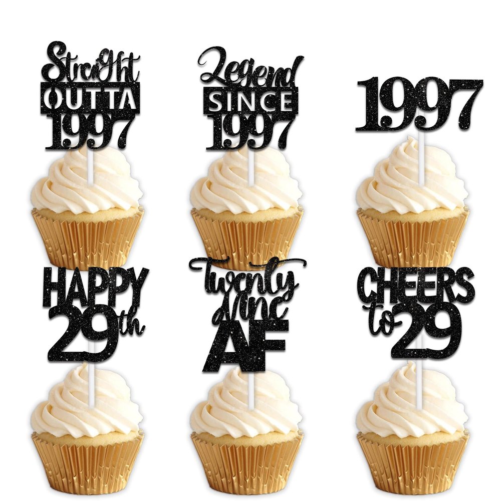 18pcs Black Glitter Dessert Cupcake Pick for Straight Outta 1997 Legend Since 1997 Theme Decor Supplies Men Happy 29th Birthday Party Decoration
