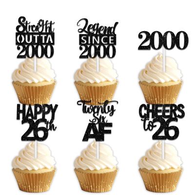 18pcs Black Glitter Dessert Cupcake Pick for Straight Outta 2000 Legend Since 2000 Theme Decor Supplies Men Happy 26th Birthday Party Decoration