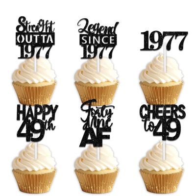 18pcs Black Glitter Dessert Cupcake Pick for Straight Outta 1977 Legend Since 1977 Theme Decor Supplies Men Happy 49th Birthday Party Decoration