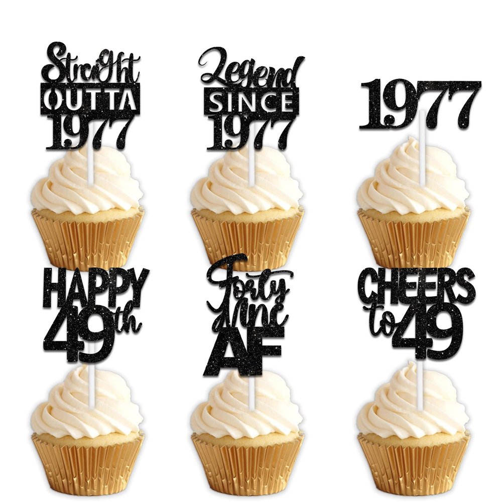 18pcs Black Glitter Dessert Cupcake Pick for Straight Outta 1977 Legend Since 1977 Theme Decor Supplies Men Happy 49th Birthday Party Decoration