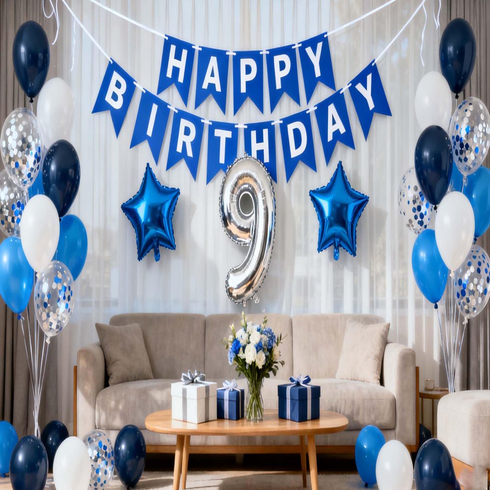 9th Birthday Party Supplies Blue, Happy Birthday Banner Number 9 Star Foil Balloon 9th Birthday Decoration Blue Silver Latex Confetti Balloon Great Gift for Boys 9 Years Old Birthday(9th)