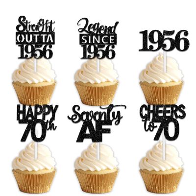 18pcs Black Glitter Dessert Cupcake Pick for Straight Outta 1956 Legend Since 1956 Theme Decor Supplies Men Happy 70th Birthday Party Decoration