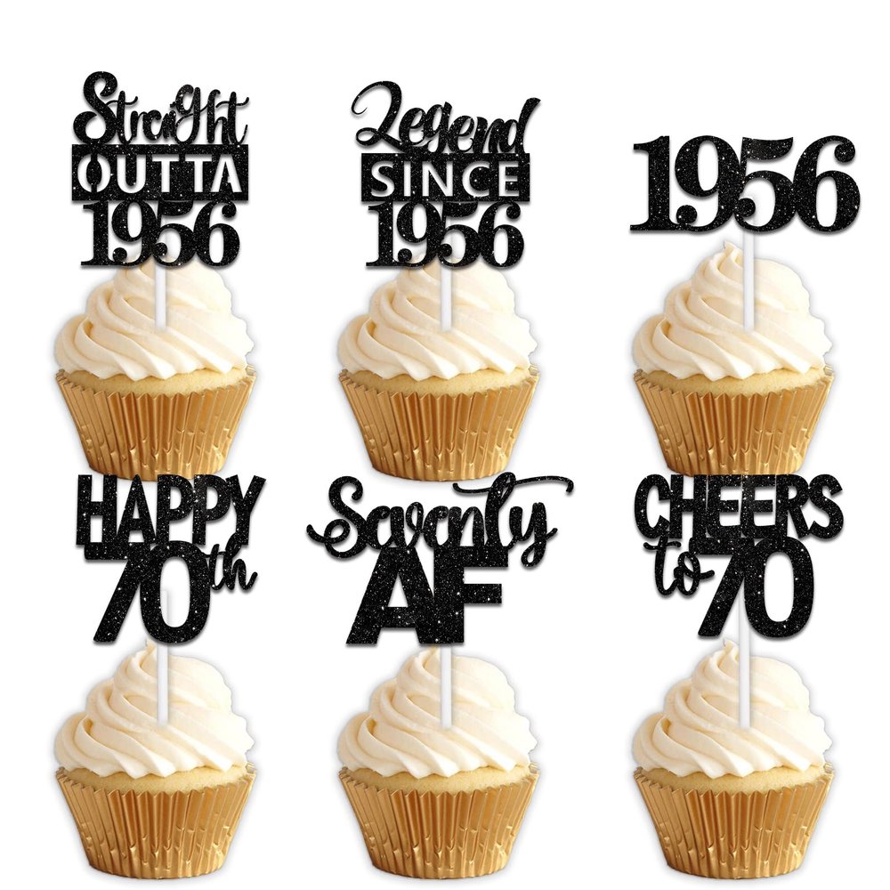 18pcs Black Glitter Dessert Cupcake Pick for Straight Outta 1956 Legend Since 1956 Theme Decor Supplies Men Happy 70th Birthday Party Decoration