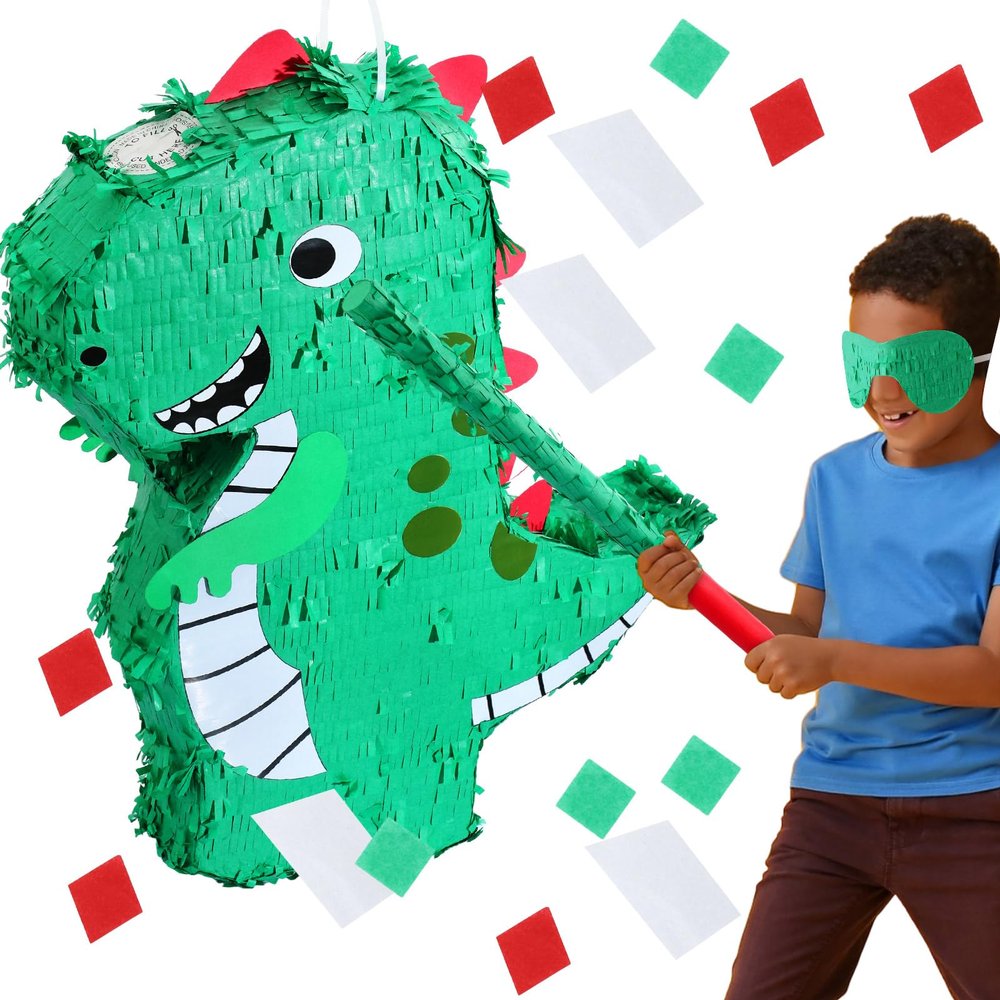 Hollowfly 20 Inches Large Piata for Birthday Party with a Blindfold and Bat Piata Birthday Party Decorations for Kids Anniversary Game Supplies(Dinosaur)