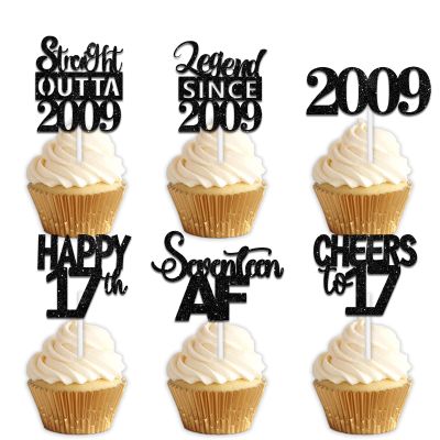 18pcs Black Glitter Dessert Cupcake Pick for Straight Outta 2009 Legend Since 2009 Theme Decor Supplies Men Happy 17th Birthday Party Decoration
