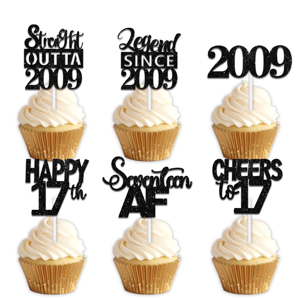 18pcs Black Glitter Dessert Cupcake Pick for Straight Outta 2009 Legend Since 2009 Theme Decor Supplies Men Happy 17th Birthday Party Decoration
