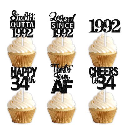 18pcs Black Glitter Dessert Cupcake Pick for Straight Outta 1992 Legend Since 1992 Theme Decor Supplies Men Happy 34th Birthday Party Decoration