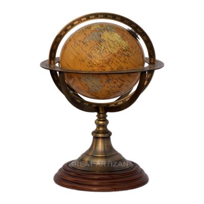 12" Brass Armillary Globe With Wooden Base, Vintage Look Nautical Brass Armillary Sphere Globe.