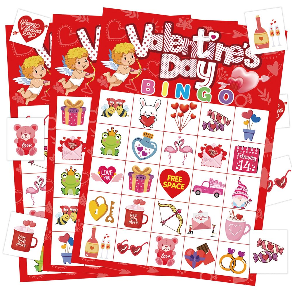 Leezead Valentines Day Bingo Game, 24 Players Valentines Day Bingo Cards Valentines Bingo Game Cards for School Classroom Family Games Valentine Party Supplies