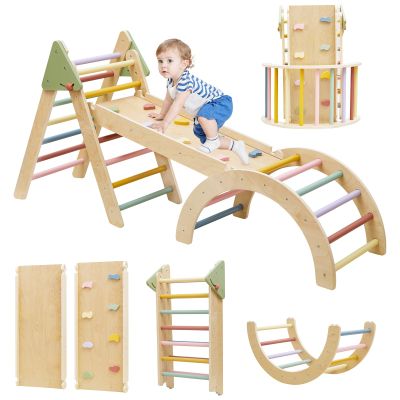 Foldable Pikler Triangle Climbing Set Wooden 7 in 1 Montessori Climber Toys for Toddlers 1-3 Baby Jungle Gym Indoor Slide Playground with Ramp & Arch & Ladder Large Kids Activity Center Boy/ Girl Gift