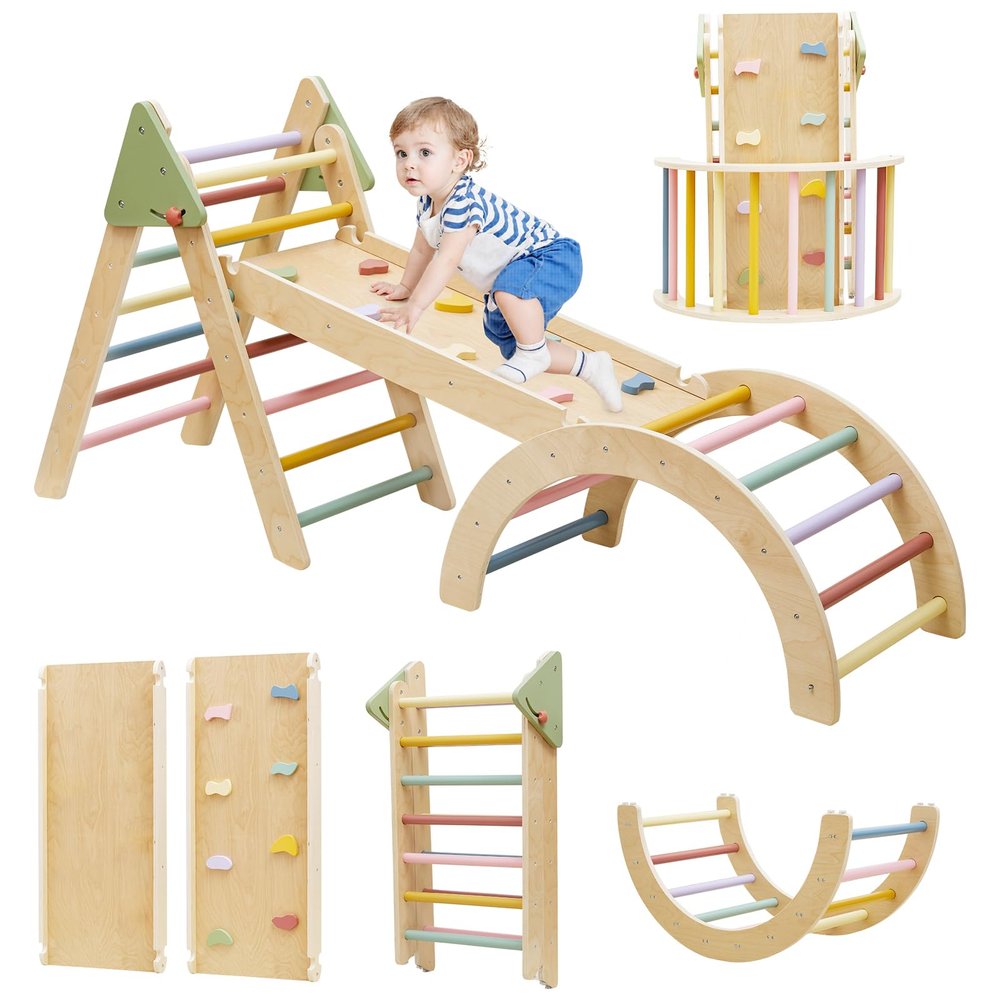 Foldable Pikler Triangle Climbing Set Wooden 7 in 1 Montessori Climber Toys for Toddlers 1-3 Baby Jungle Gym Indoor Slide Playground with Ramp & Arch & Ladder Large Kids Activity Center Boy/ Girl Gift