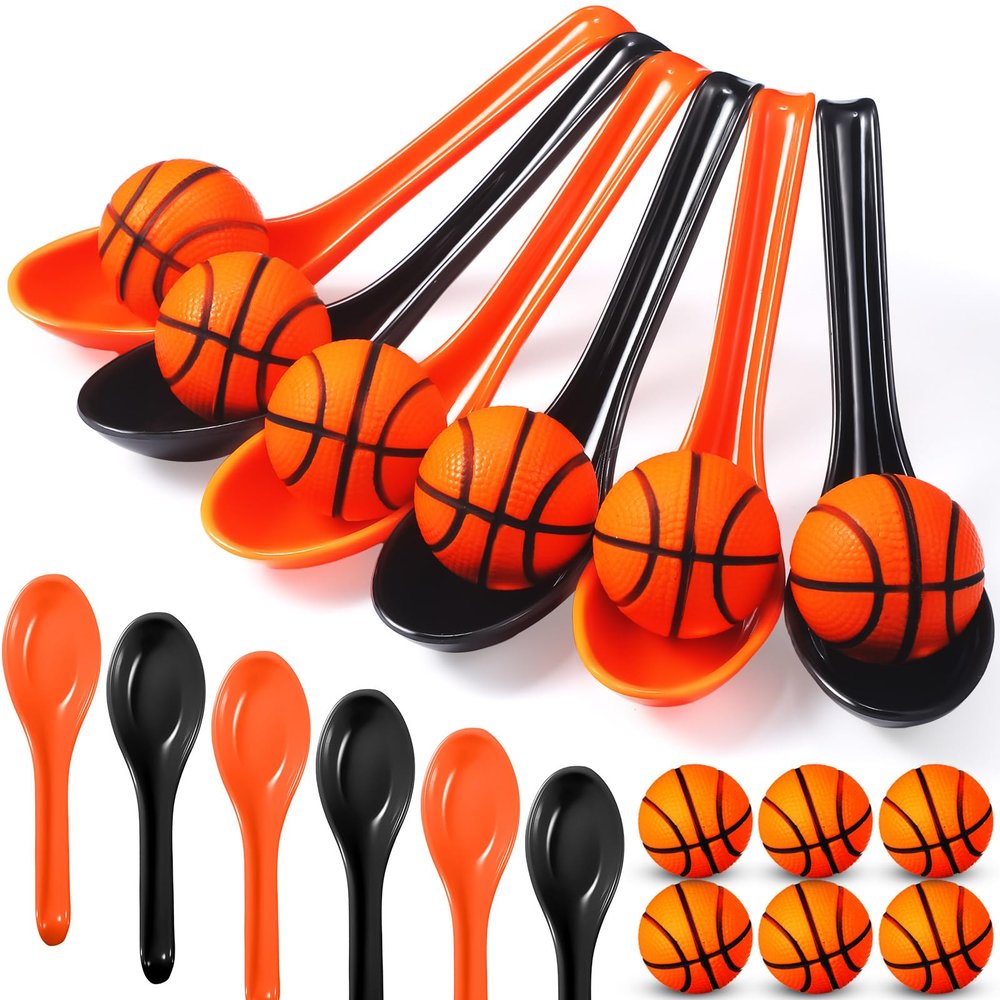 PullCrease 12 Pack Basketball Theme Birthday Party Game Ball and Spoon Relay Race Toy Set for Kids Adults Field Day Egg Spoon and Race Game for Sports Party Indoor Outdoor School Supplies(Orange)