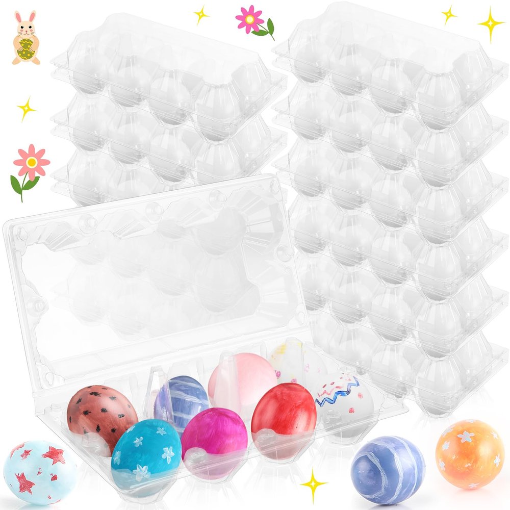 Menkxi 48 Pcs Plastic Easter Eggs with Clear Egg Cartons for Crafts DIY Fake Eggs White Plastic Eggs Paintable Easter Eggs Paint Your Own Eggs for Kids Adults Easter Gift, 8 Piece Per Carton