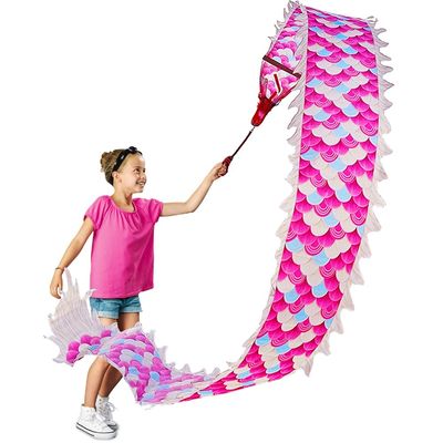 16.4 FT Pink Dragon Dance Ribbon Poi, Outdoor Flinging Ribbon Streamer with 3D Real-Like Plastic Dragon Head and Swing Rope Combo for Fitness Party Stage Performance Prop Set