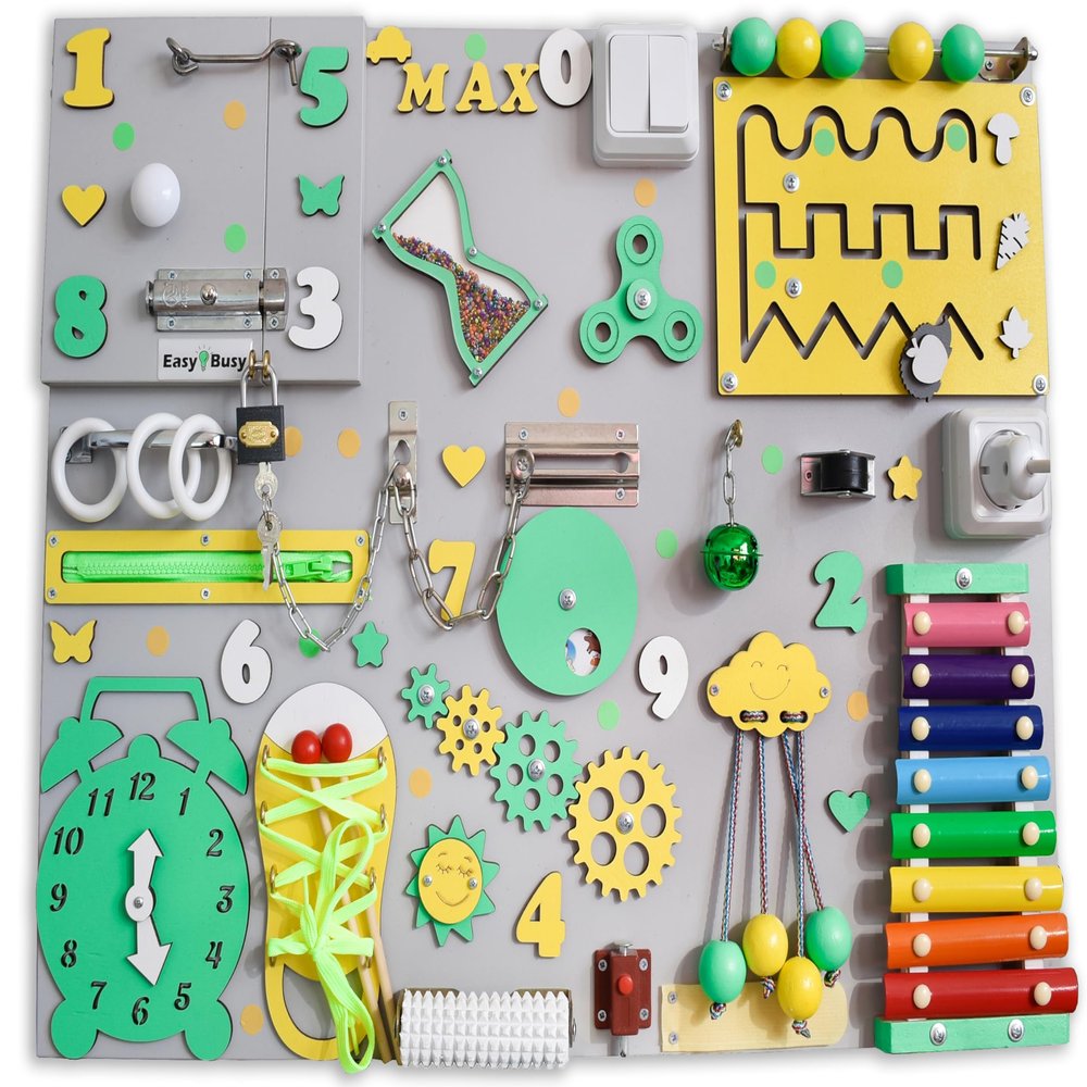 Toddler Busy Board 1 2 3 Year Old, First Birthday Gift, Sensory Activity Board Montessori Toys, Dementia board Busy Boards Parts (With wall mountings)