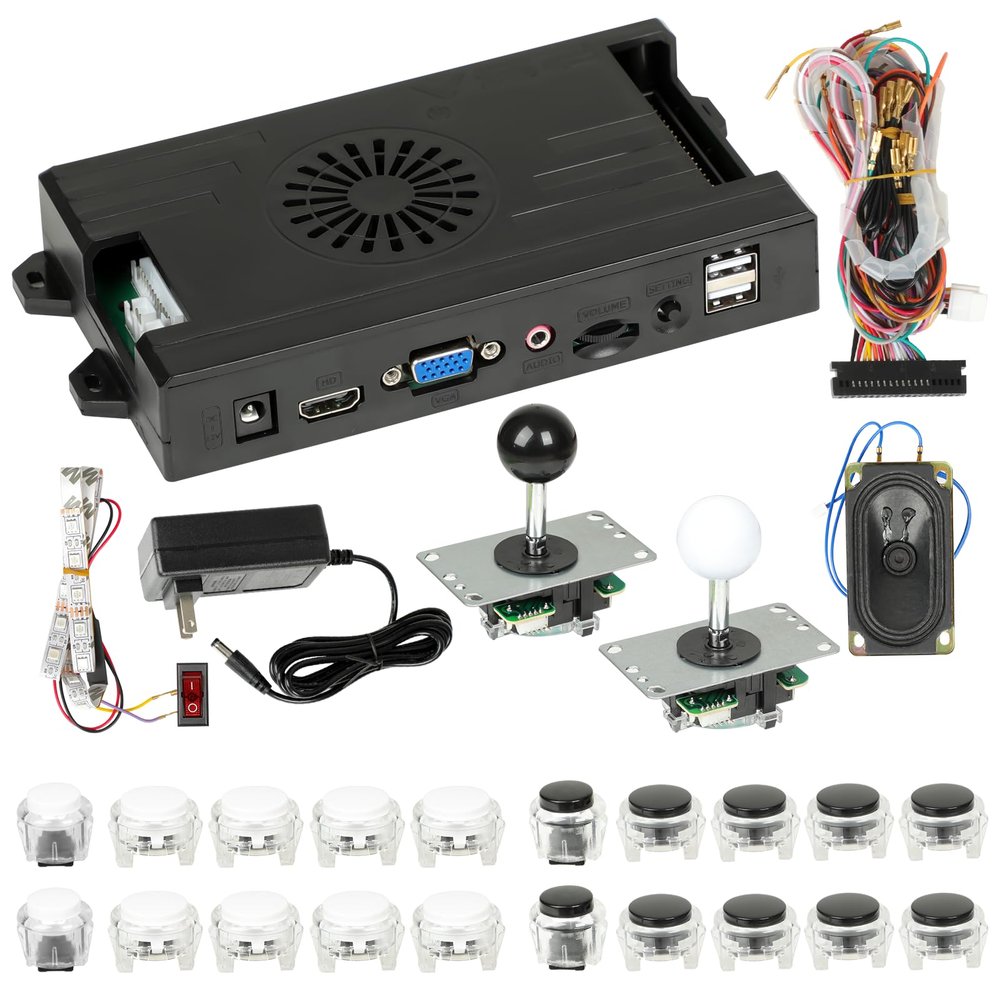 Arcade Game DIY Kit - Supports Up to 4 Players, Pandora Box System with 29800 Games in 1, Includes Joystick, Buttons, Power Supply, and Wiring