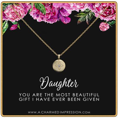 Daughter Gifts from Mom Dad  Gift for Adult Daughter  Daughter Birthday Card and Jewelry  Christmas Gifts for Women Teenage Girl  Lotus Crystal Disc Necklace 14k Gold