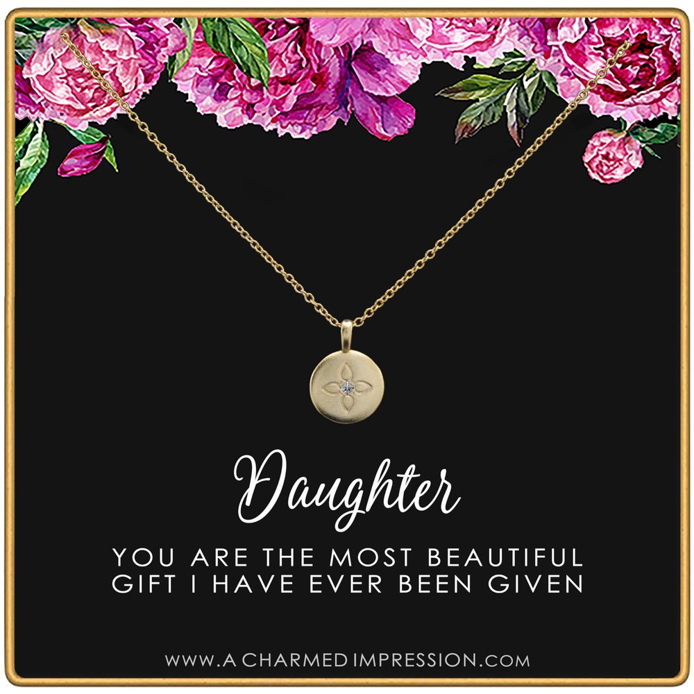 Daughter Gifts from Mom Dad  Gift for Adult Daughter  Daughter Birthday Card and Jewelry  Christmas Gifts for Women Teenage Girl  Lotus Crystal Disc Necklace 14k Gold