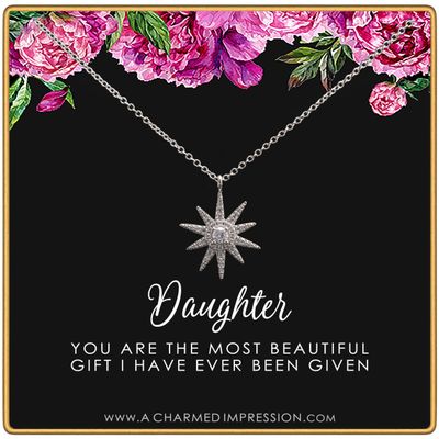 Daughter Gifts from Mom Dad  Gift for Adult Daughter  Daughter Birthday Card and Jewelry  Christmas Gifts for Women Teenage Girl  Large Starburst Necklaceace Silver
