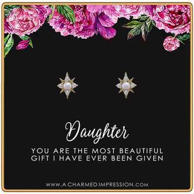Daughter Gifts from Mom Dad  Gift for Adult Daughter  Daughter Birthday Card and Jewelry  Christmas Gifts for Women Teenage Girl  Pearl Starburst Earrings 14k Gold
