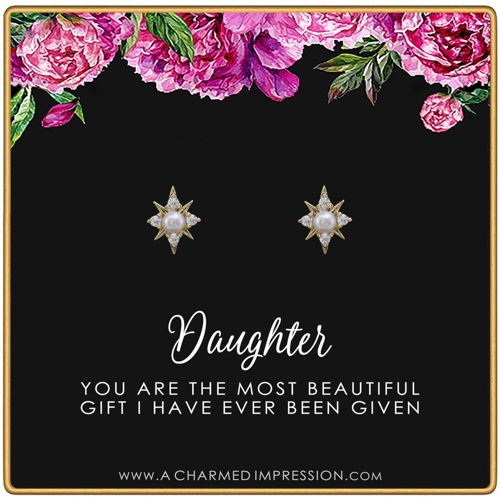 Daughter Gifts from Mom Dad  Gift for Adult Daughter  Daughter Birthday Card and Jewelry  Christmas Gifts for Women Teenage Girl  Pearl Starburst Earrings 14k Gold