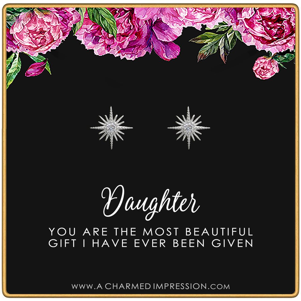 Daughter Gifts from Mom Dad  Gift for Adult Daughter  Daughter Birthday Card and Jewelry  Christmas Gifts for Women Teenage Girl  Crystal Starburst Earrings Silver
