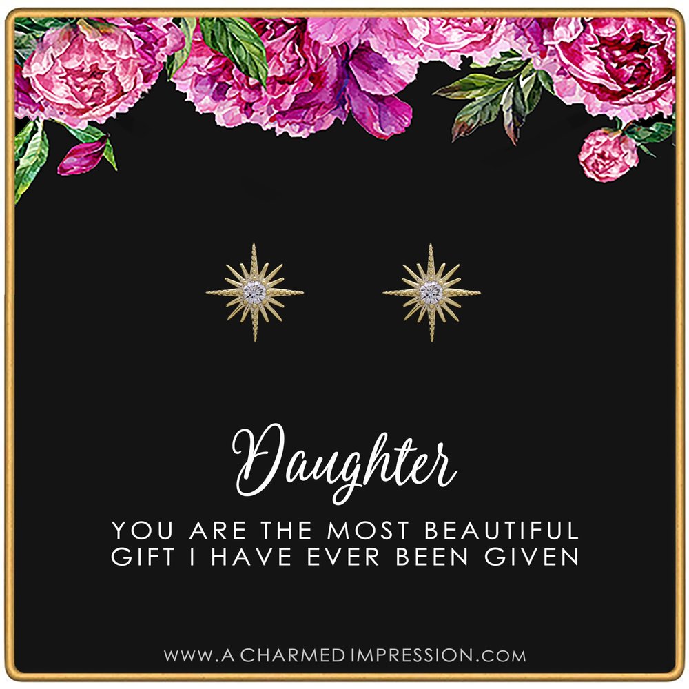 Daughter Gifts from Mom Dad Gift for Adult Daughter Daughter Birthday Card and Jewelry Christmas Gifts for Women Teenage Girl Crystal Starburst Earrings 14k Gold