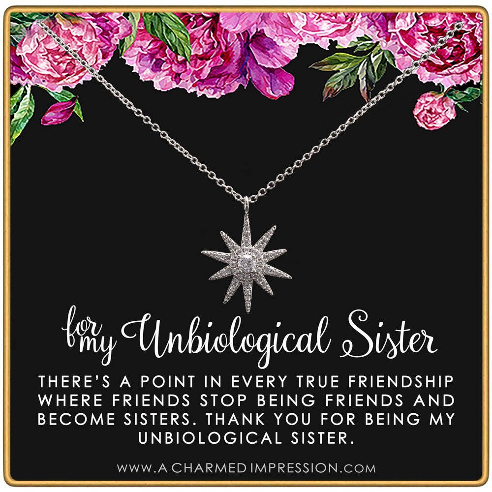 Best Friend Gifts for Women  Unbiological Sister  Christmas Gifts for Women  Stepsister Gifts  Love Friendship  Bonus Sister Necklaces for 2 3  Large Starburst Necklace Silver
