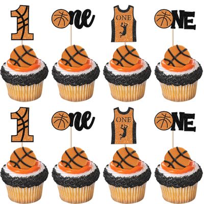 24 Pack Basketball Cupcake Toppers & Picks - Glitter Basketball Player & Slam Dunk Designs - Kids First Birthday, Sports Theme Party & Baby Shower Cake Decorations