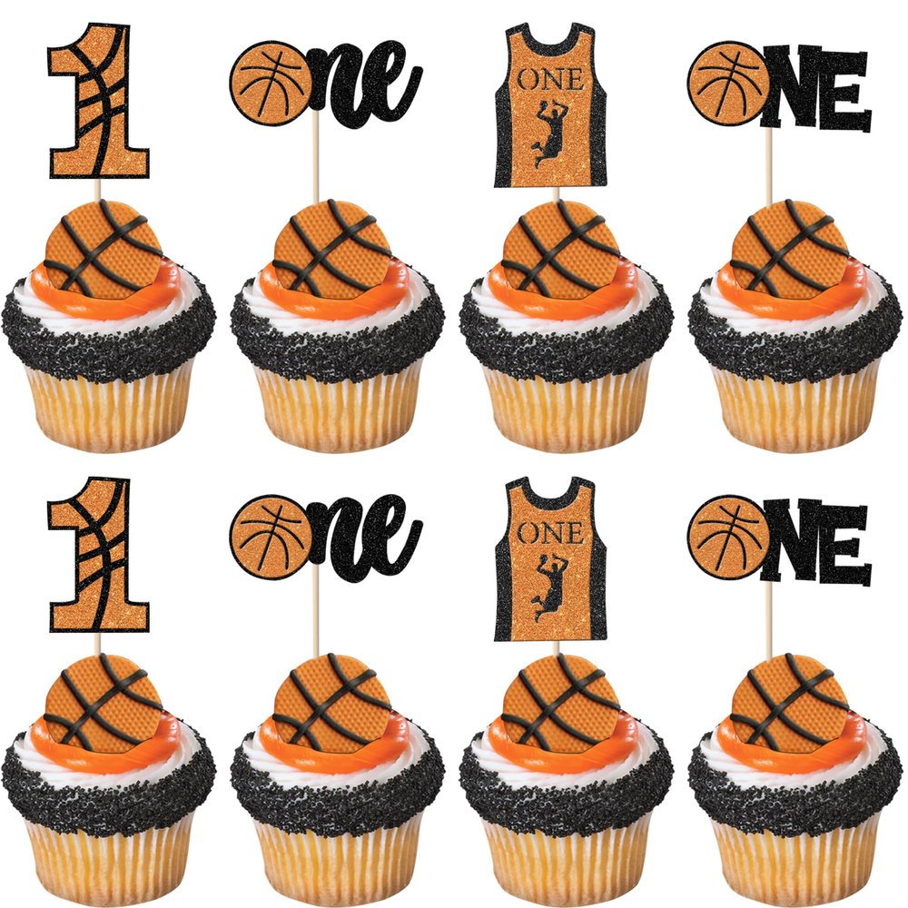 24 Pack Basketball Cupcake Toppers & Picks - Glitter Basketball Player & Slam Dunk Designs - Kids First Birthday, Sports Theme Party & Baby Shower Cake Decorations