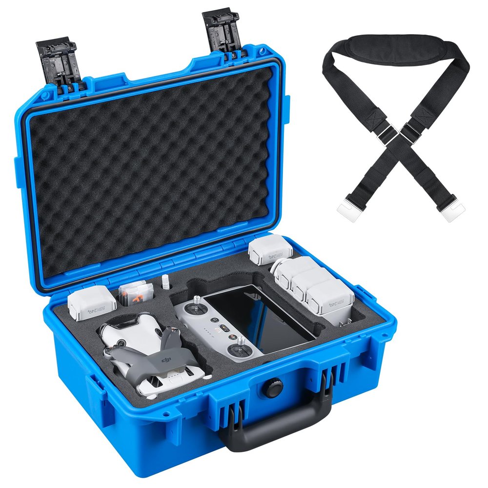 Lykus Titan MM410 Waterproof Hard Case for DJI Mini 4 Pro/Mini 3/Pro and RC2/RC/RC-N2/N1, Blue with Shoulder Strap, Support 7 batteries and RC lanyard [CASE ONLY]