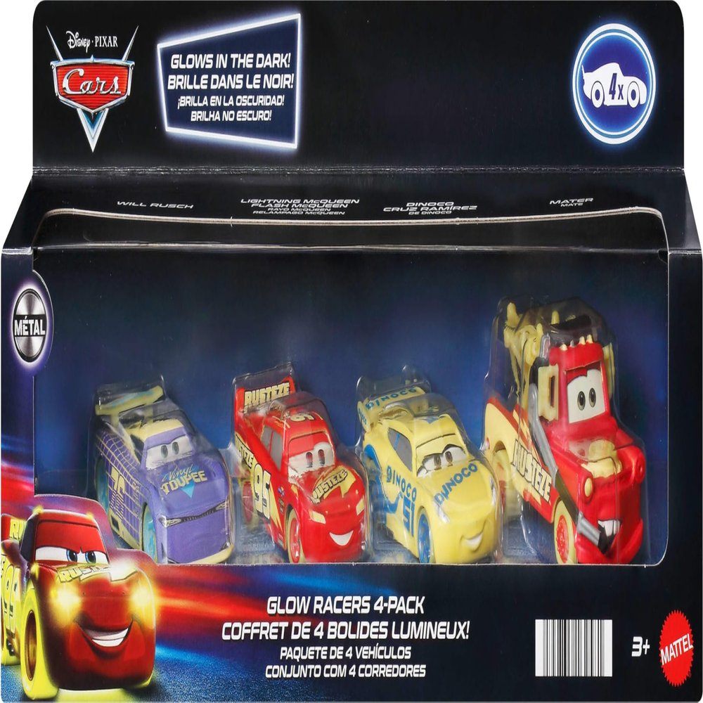 Disney Cars Glow Racers 4-Pack Lightning McQueen, Mater, Cruz Ramirez, & Vinyl Toupee #76 Will Rusch