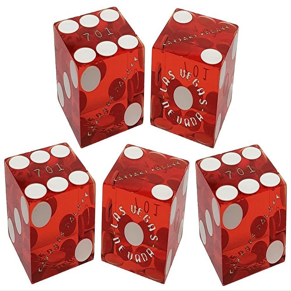 Lot of 5 Genuine Las Vegas Casino Table-Played Craps Dice Mixed Serial Numbers ... with Storage Pouch (Caesar's Palace (Red Polished))