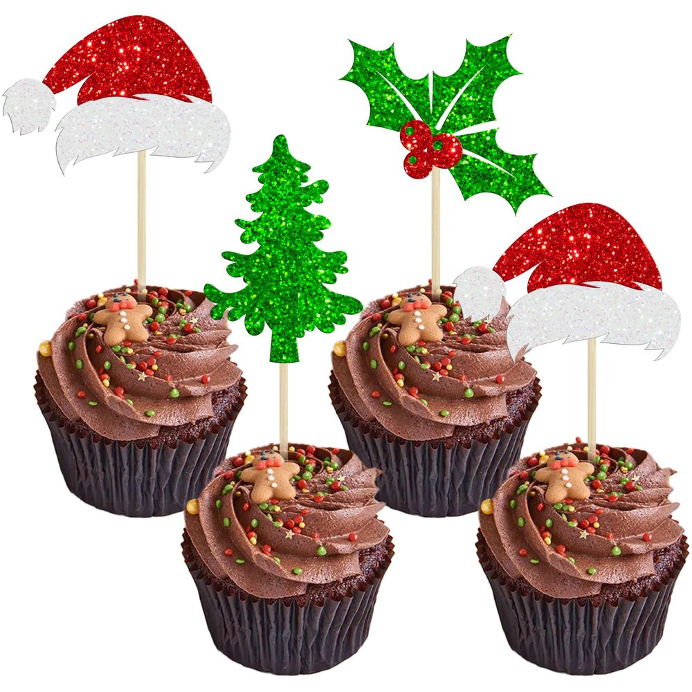 24Pcs Christmas Santa Hat Cupcake Toppers Glitter Holly Leaves Berries Christmas Tree Cupcake Picks Winter Merry Xmas Theme Birthday Party Cake Decorations Supplies