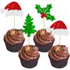 24Pcs Christmas Santa Hat Cupcake Toppers Glitter Holly Leaves Berries Christmas Tree Cupcake Picks Winter Merry Xmas Theme Birthday Party Cake Decorations Supplies view 1