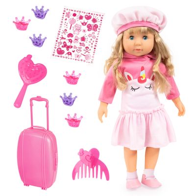 Bayer Design: Charlene 18" Doll: Interactive Sounds - Kiss & Laugh - Pink Unicorn Outfit, Long Curly Blonde Hair, Storage Suitcase-Accessories, Kid 3+