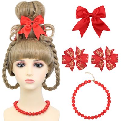 AMZCOS Christmas Costume Wig Blonde Braided Synthetic Wig with Red Bow Hair Clip and Necklace for Halloween Christmas Celebration Party