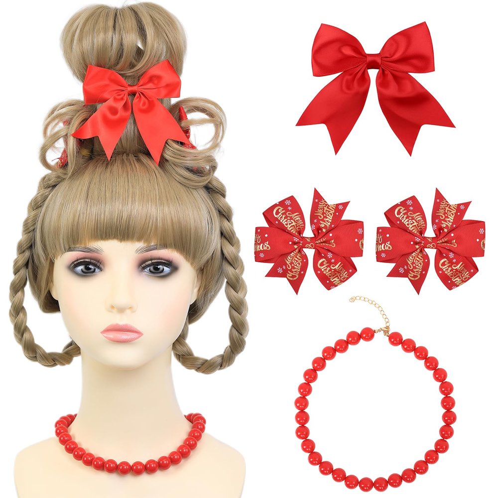 AMZCOS Christmas Costume Wig Blonde Braided Synthetic Wig with Red Bow Hair Clip and Necklace for Halloween Christmas Celebration Party