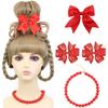 AMZCOS Christmas Costume Wig Blonde Braided Synthetic Wig with Red Bow Hair Clip and Necklace for Halloween Christmas Celebration Party view 1