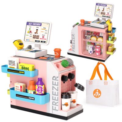 Jovow 48-Piece Pretend Play Cash Register Toy Set for Kids with Water Outlet Function - Calculator, Shopping Bag, Scanners, Coffee Machine, Play Food - Gift for Boys and Girls Ages 3+Pink