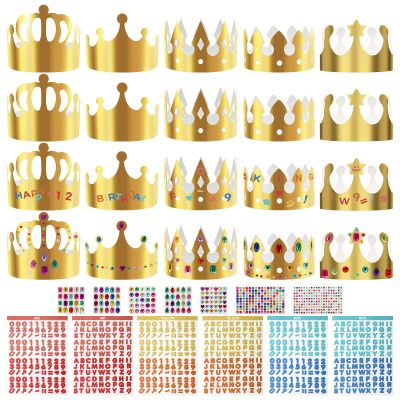 AHIER 33 Pieces Paper Crowns Set Paper Prince Princess Hats DIY Party Crowns Make Your Crown With Gem Number Letter Stickers