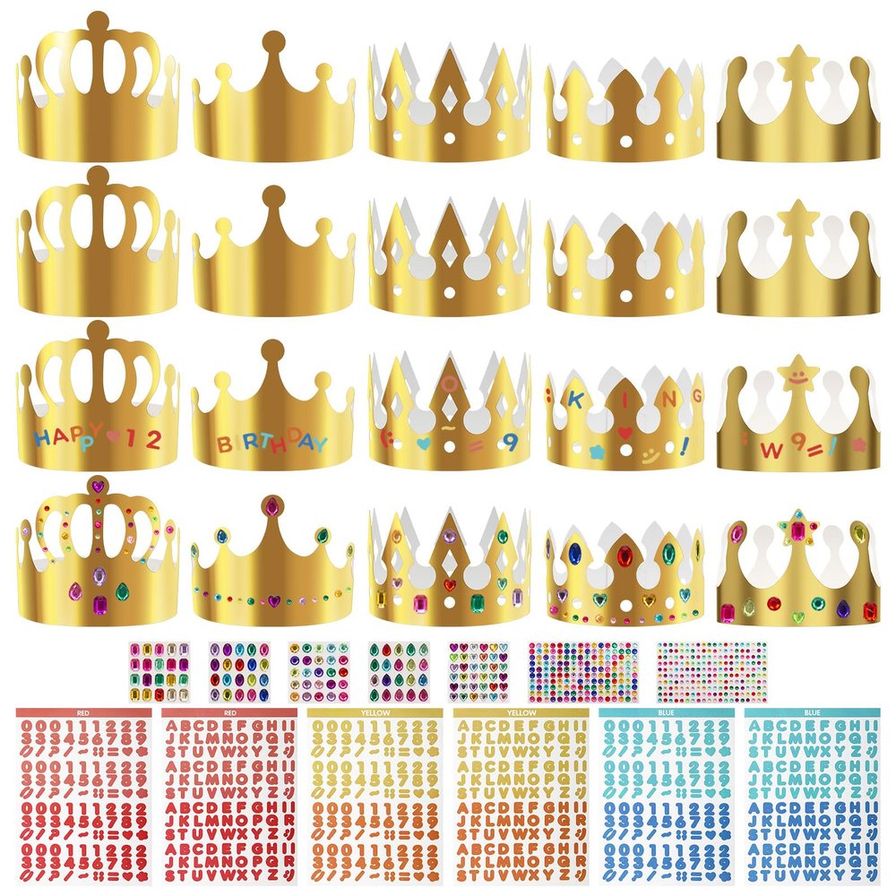 AHIER 33 Pieces Paper Crowns Set Paper Prince Princess Hats DIY Party Crowns Make Your Crown With Gem Number Letter Stickers