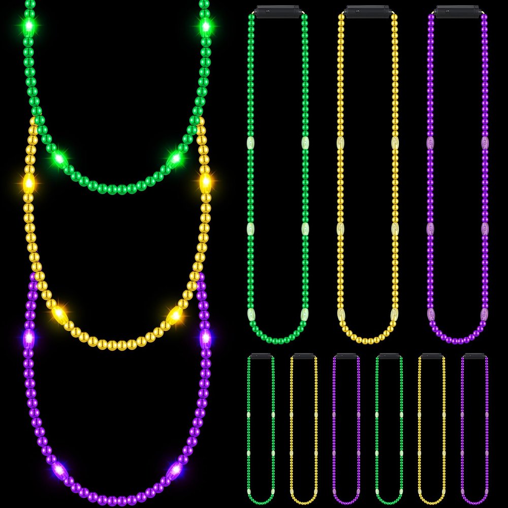 Ecation 12 Pcs LED Mardi Gras Beads Necklace Colorful Light up Bead Mardi Gras Glow Necklace Costumes Accessories for Carnival Birthdays Party Favors Supplies