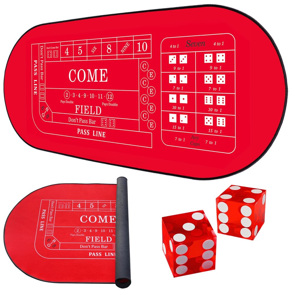 TMKEFFC 33" x 17" Mini Craps Table Mat With Two Dice - Portable Casino Non-Slip Rubber Tabletop Cover for Game Night, Home Entertainment, Party