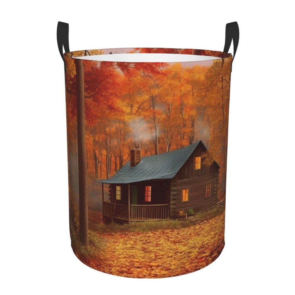 Autumn woods cabin print Circular Hamper Waterproof Storage Bin Organizer Basket Laundry Hamper With Handles For Clothes Toys Medium