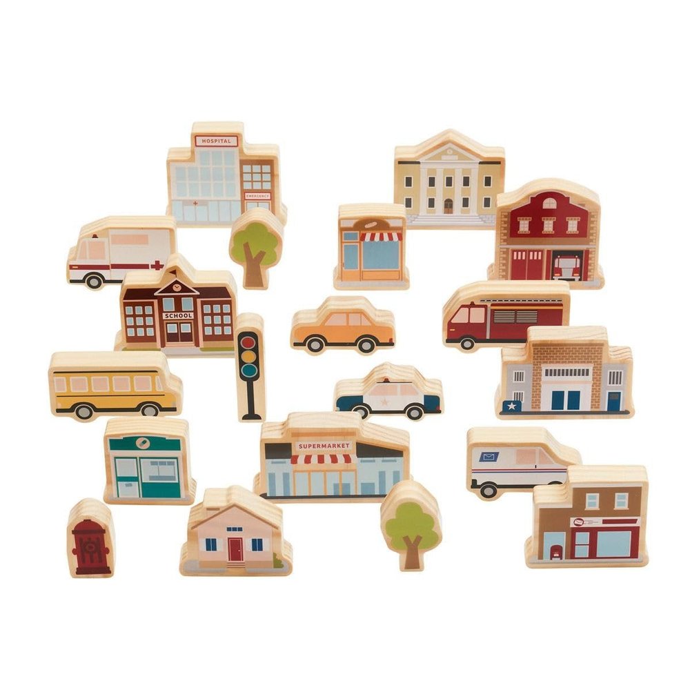 Kaplan Early Learning Community Block Set - 20 Pieces, Wooden Town Building Blocks for Dramatic Play and Storytelling, Includes School, Hospital, Bakery, Vehicles, and More for Toddlers, Ages 2+