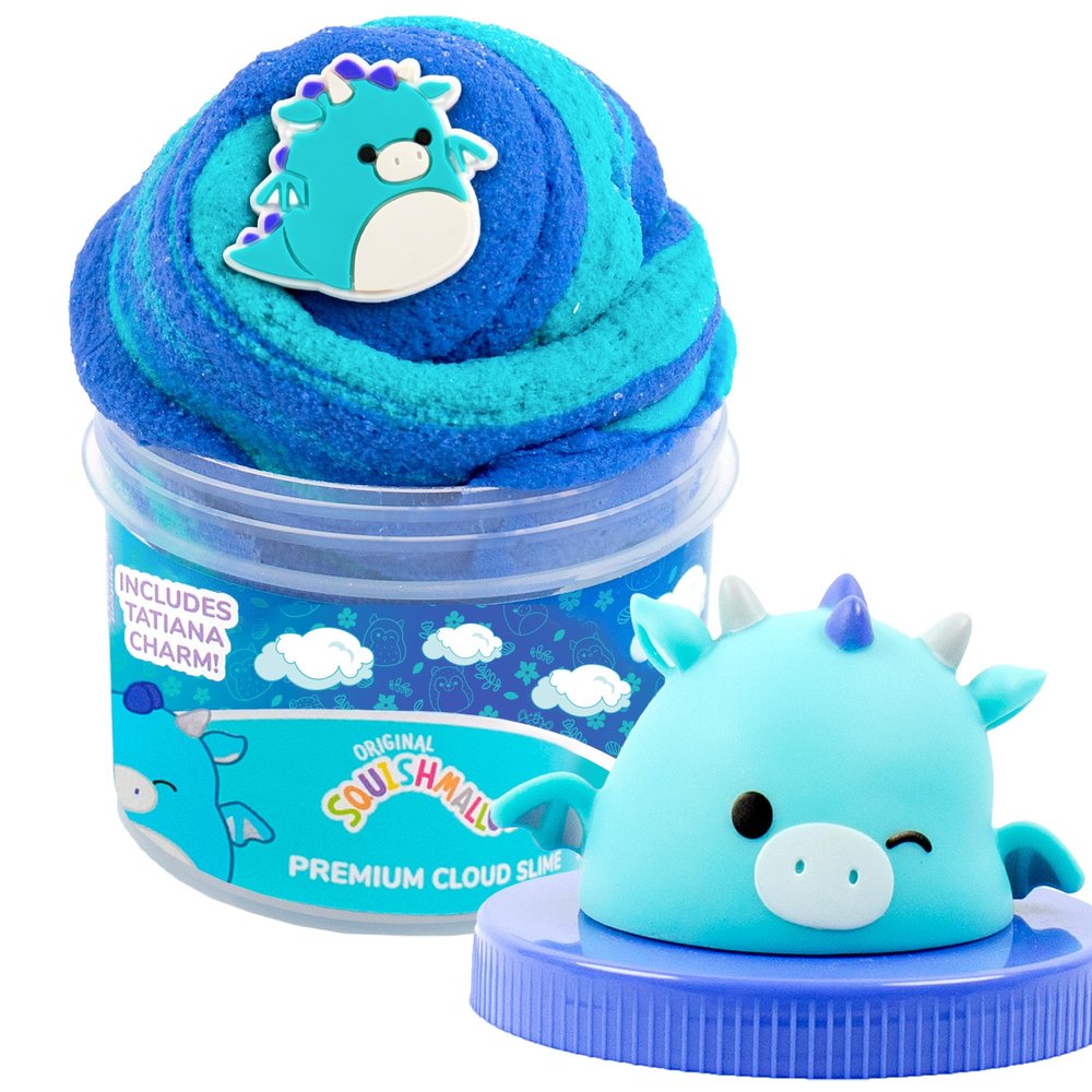 Original Squishmallows Tatiana The Dragon Premium Cloud Slime, Blue Raspberry-Scented, 8 oz. Storage Container with Figurine Topper, Rubber Charm, Goodie Bags, Kids Party Favors, Sensory Toys